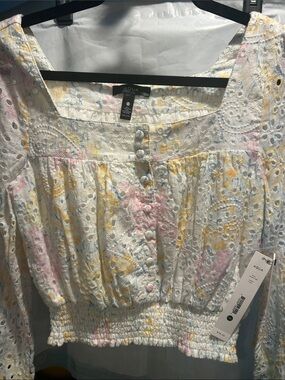 Aqua White Eyelet Floral Smocked Peasant Top with Pastel Accents